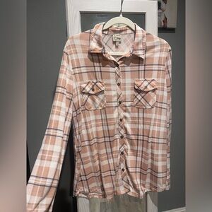 Como Vintage Peach & Rose Colored Plaid Button Up Shirt SO SOFT- Size L 🩶